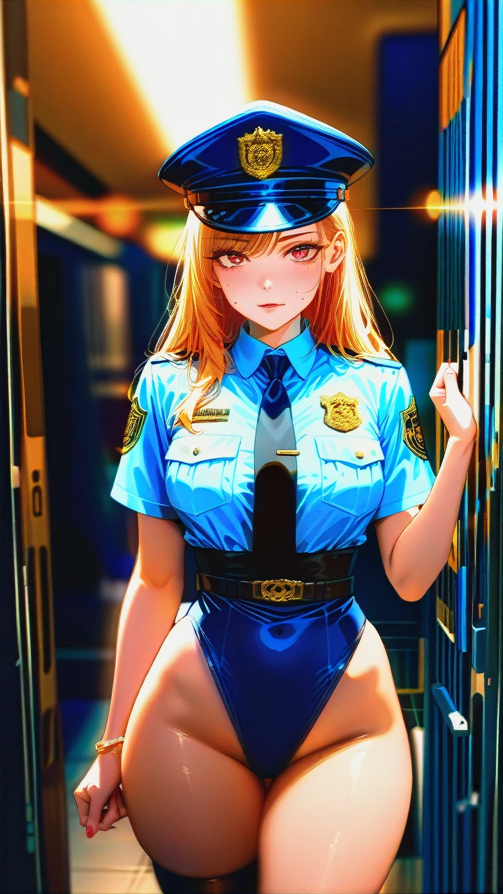 Curvaceous_female_police_officer,_standing_on_city_street,_realistic_police_uniform_shirt,_partially_visible_blue_underwear,_large_bust,_wide_hips,_detailed_facial_features,_urban_background,_natural_lighting,_confident_demeanor,_professional_attire_mixed_with_provocative_element,_captivating_expression,_detailed_police_badge,_high-quality_texture,_sharp_focus,_detailed_street_scene,_vibrant_colors,_powerful_presence,_appealing_physical_attributes,_strong_yet_feminine,_contrasting_elements_of_authority_and_allure,_intrigued_viewpoint.