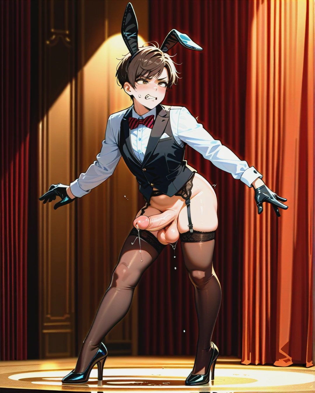 (fat) (reverse_trap), (futanari), (mature_female), (grimace), flat chest, brunette pixie cut hair, black bunny ears, brown stockings, garter belts, black striped buttoned-up, waistcoat, white long sleeve shirt, red striped bowtie, black gloves, bottomless, black high heel pumps with pads, precum, tap dancing, stage, curtains