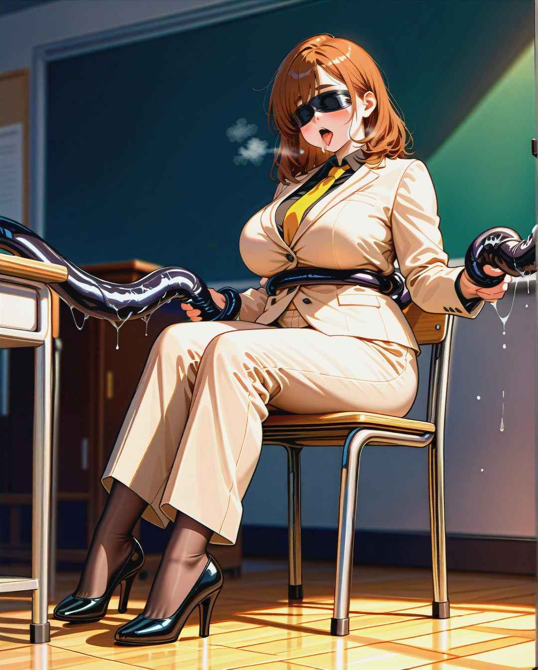 (fat) (mature_female), brunette medium hair, fat eyebrows, (ahegao), black blindfold, beige buttoned-up suit, yellow tie, beige ironed long wide trousers, black mary jane high heel pumps, brown stockings, sitting on a chair, classroom, (tentaclejob)