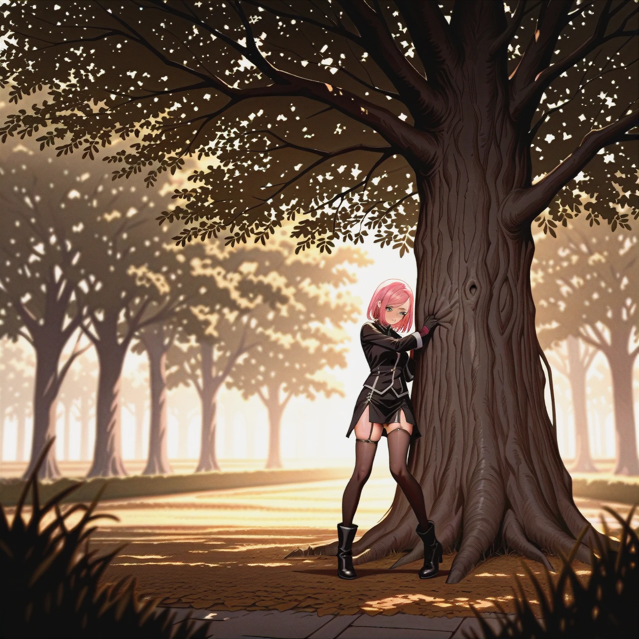 13 yers Sakura Haruno is standing in the park near a tree and in front of her is a man who shows her a 17-centimeter long penis through his fly, which is covered in veins because his fly is squeezing him. Sakura stands scared