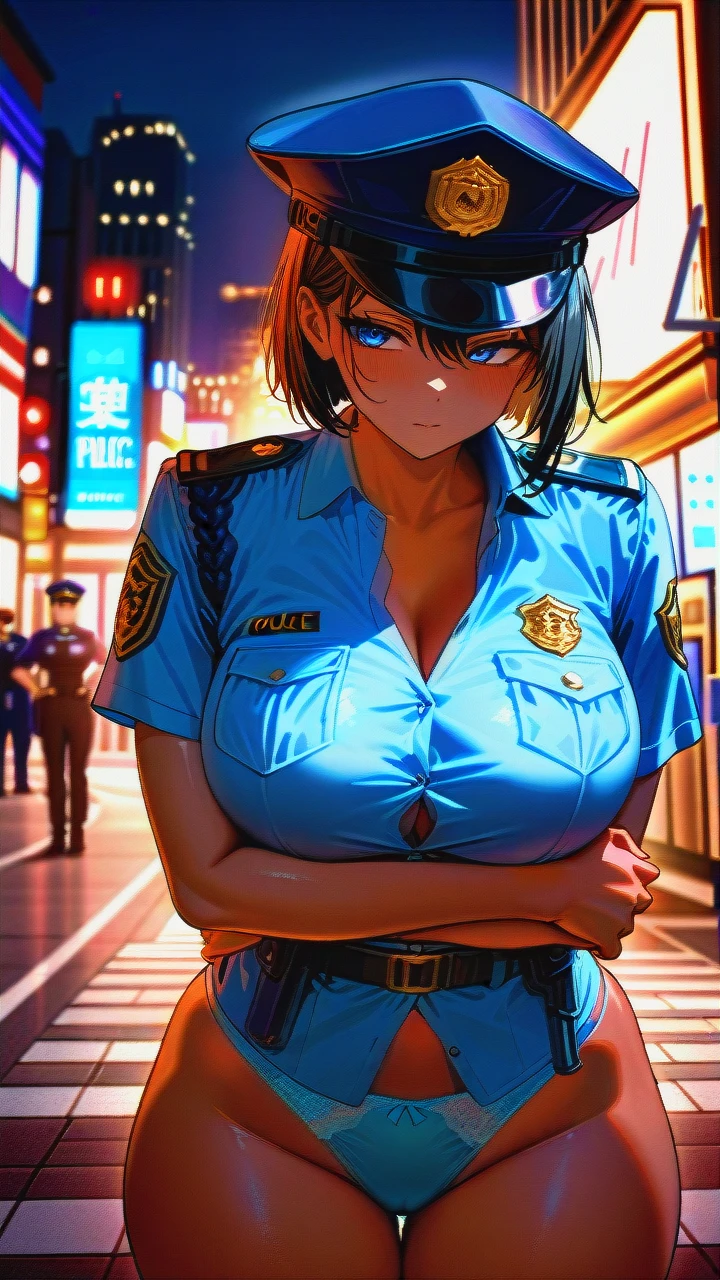 1boy1girl,dark_skinned_boy,big_penis,(arm_hug), female_police_officer, night,street, (hands_on_hips), police_uniform_shirt, unbuttoned, blue_panties, (curvy),(large_breasts), wide_hips, hourglass_figure, confident_expression, detailed_face, attractive, nighttime_cityscape, police_hat