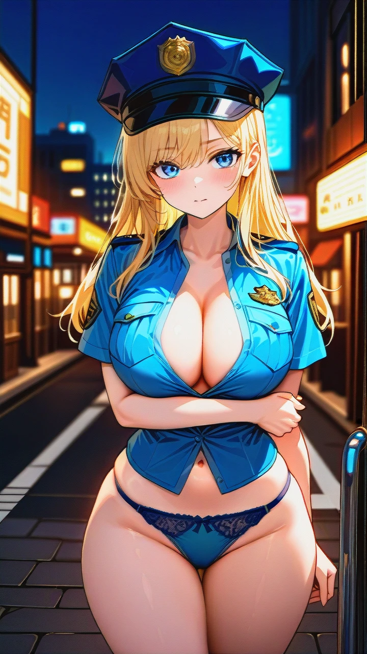 1girl, female_police_officer, night, street, police_uniform_shirt, unbuttoned, blue_panties_visible, curvy, large_breasts, wide_hips, hourglass_figure, confident_expression, detailed_face, attractive, police_hat, nighttime_cityscape, black_man_behind, hugging