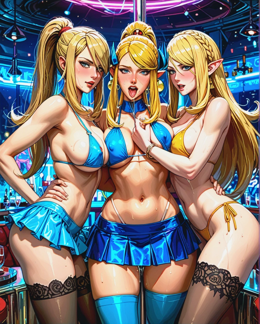 3 girls, @cynthia , @princess_zelda , Hayase @samus_aran  , no men , strip club, sex on a pole,bikinis sexy, nipple biting, stockings,skirts, sex, dual dildo, ahegao