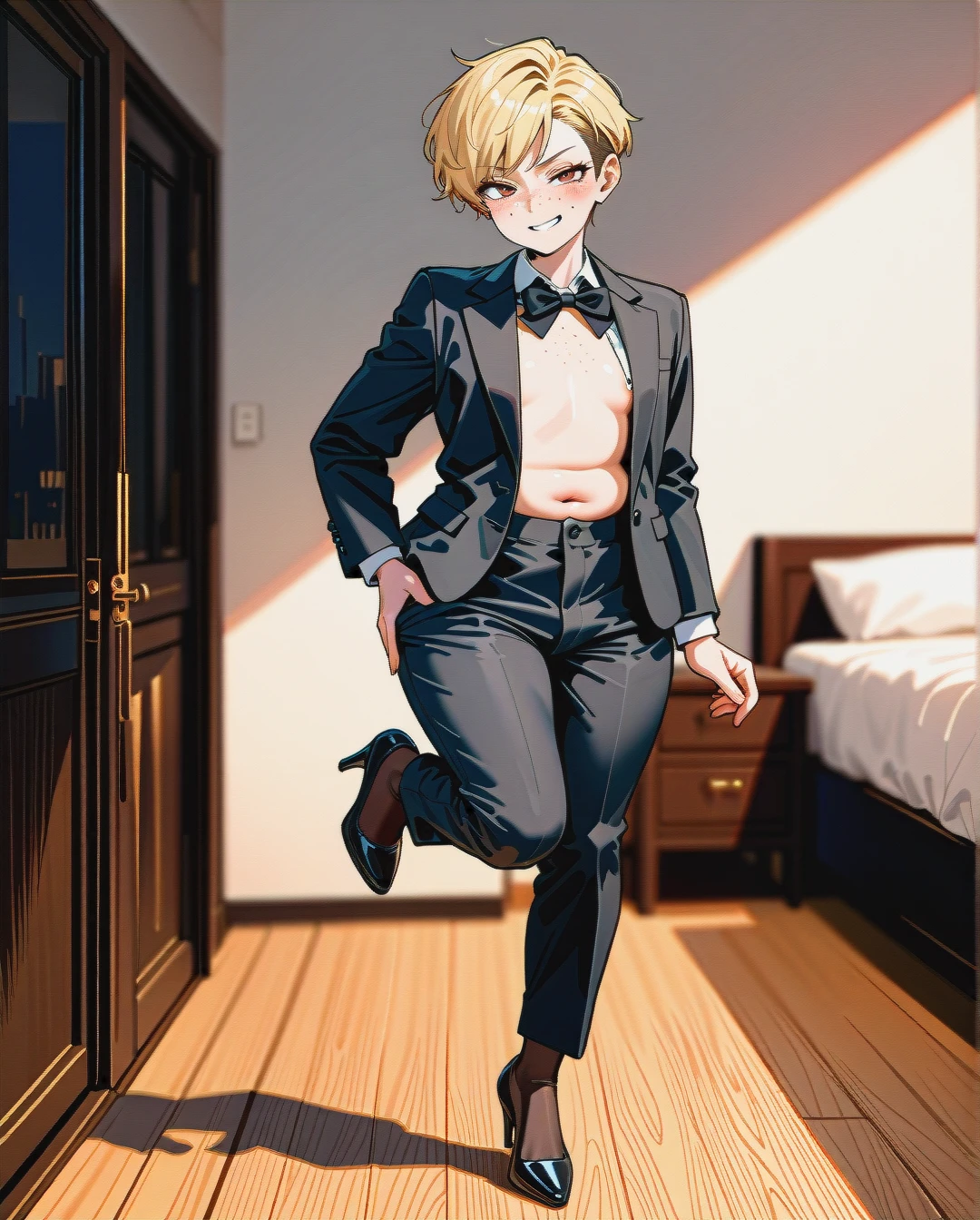 (plump) (reverse_trap), (futanari), (mature_female), flirt face, blond pixie cut hair, freckles, unbuttoned black suit, bowtie on a neck, naked body, ironed long wide trousers, brown tights, flat chest, black high heel pumps, pokes penis, bedroom, (standing_on_one_leg)