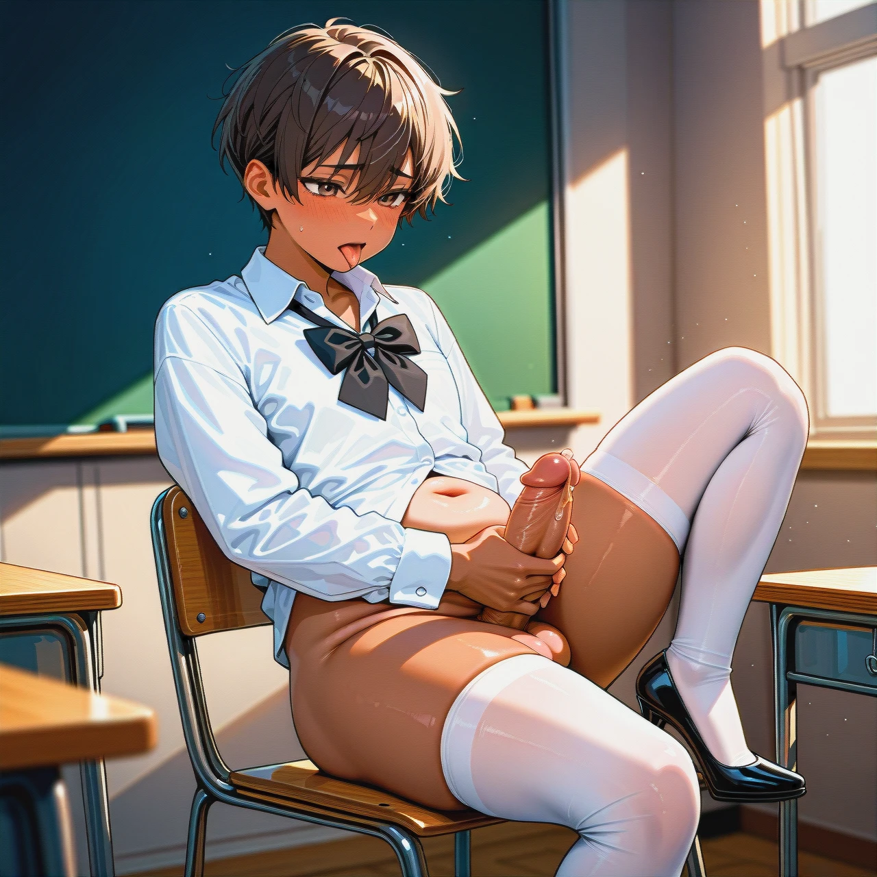 (plump) (reverse_trap), (shy), (tongue_out), brunette pixie cut hair, tanned, white long sleeve shirt, black bowtie, bottomless, white stockings with bow, black high heel pumps, sitting on a chair, classroom, (futanari_masturbation), precum, flat chest