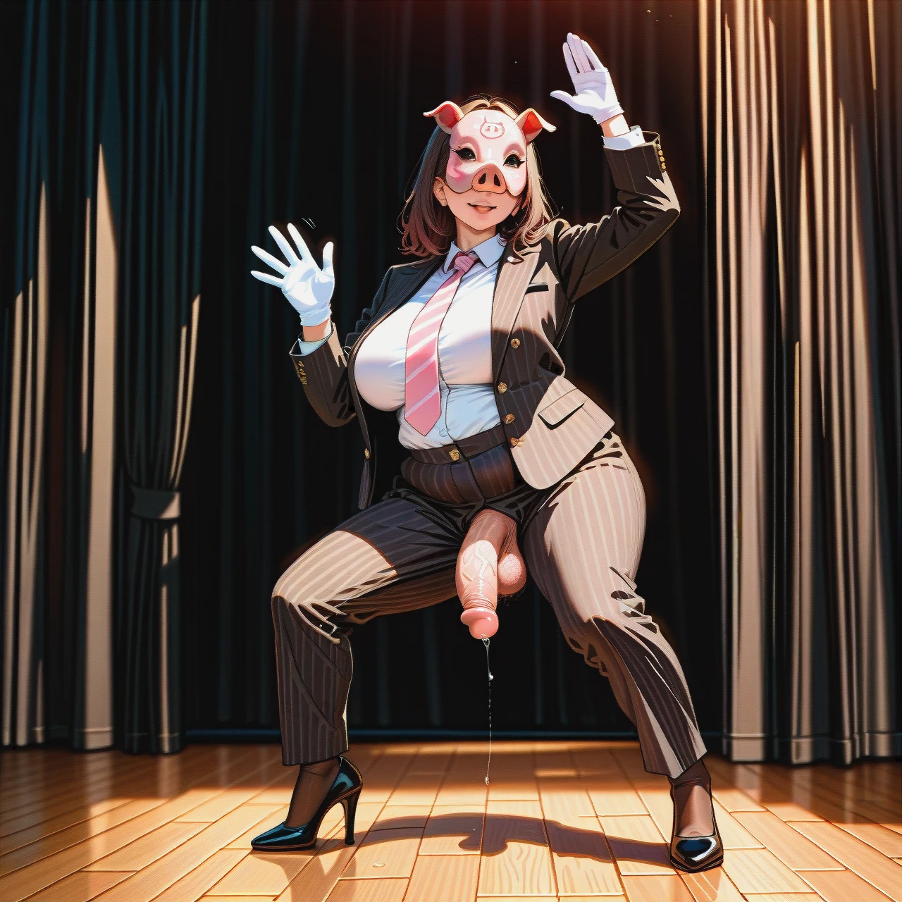 (fat) (futanari) (mature_female), pig mask, brunette medium hair, bangs, biege striped buttoned-up suit, white shirt, light-pink tie, white gloves, beige striped ironed long wide trousers, black high heel pumps, brown stockings, stage, wooden floor, black curtains, penis out, erected up penis, veiny penis, hairy balls, precum, dancing, (waving)