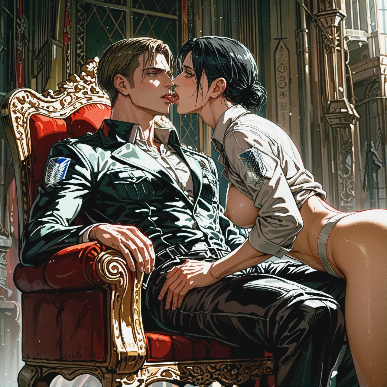 Two guys: @levi lies next to @erwin_smith and licks his cock @erwin_smith sits on the throne and @levi is in front of him), gay, yaoi