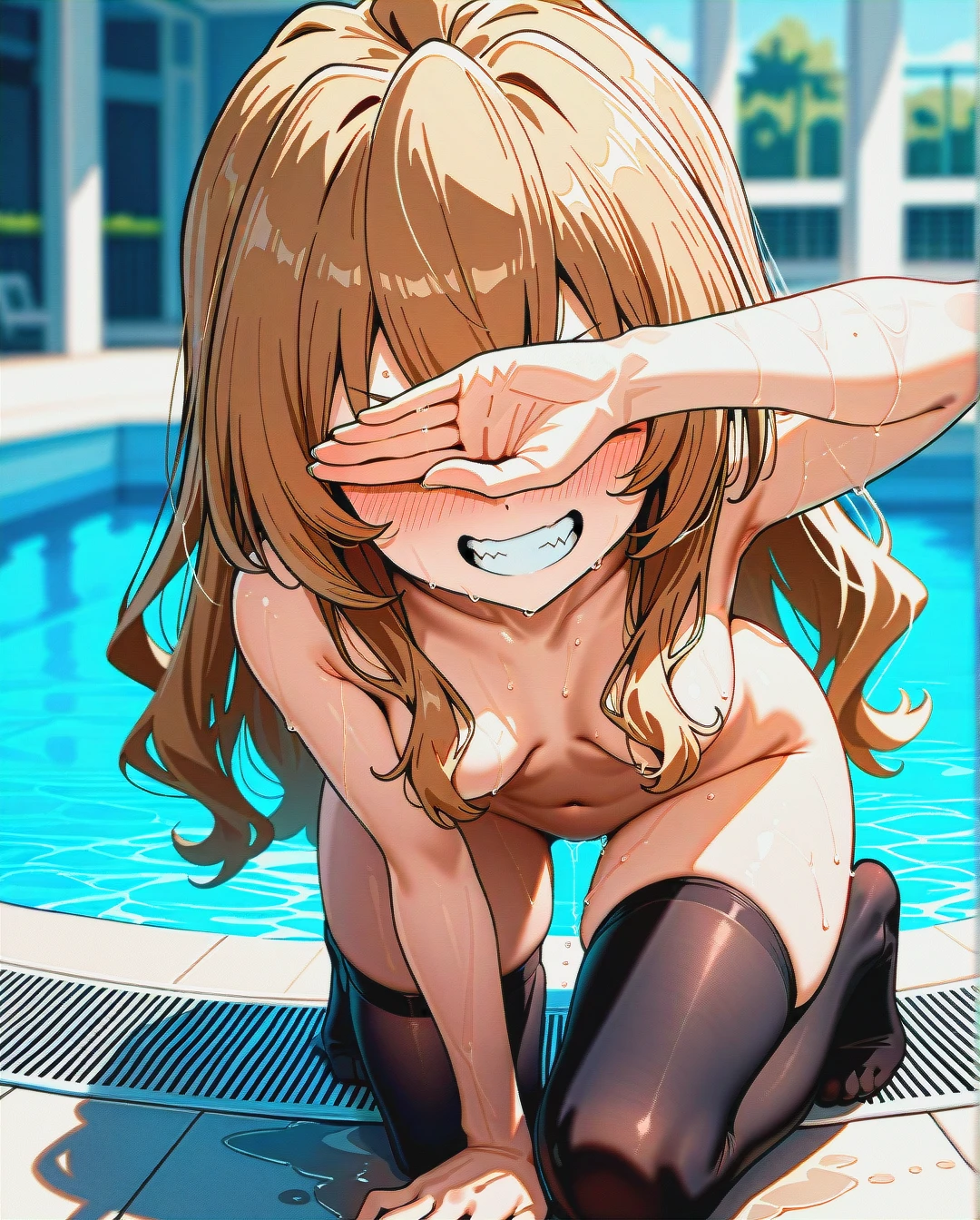 (kneeling), @aisaka_taiga, black thighhighs, (evil_smile), swimming pool, (grin), hair falls over breasts, hair falls over nipples, (leg_up), nude, (medium_breasts), arm covering eyes, blush, arm between thighhighs, (clenched_teeth), wet body