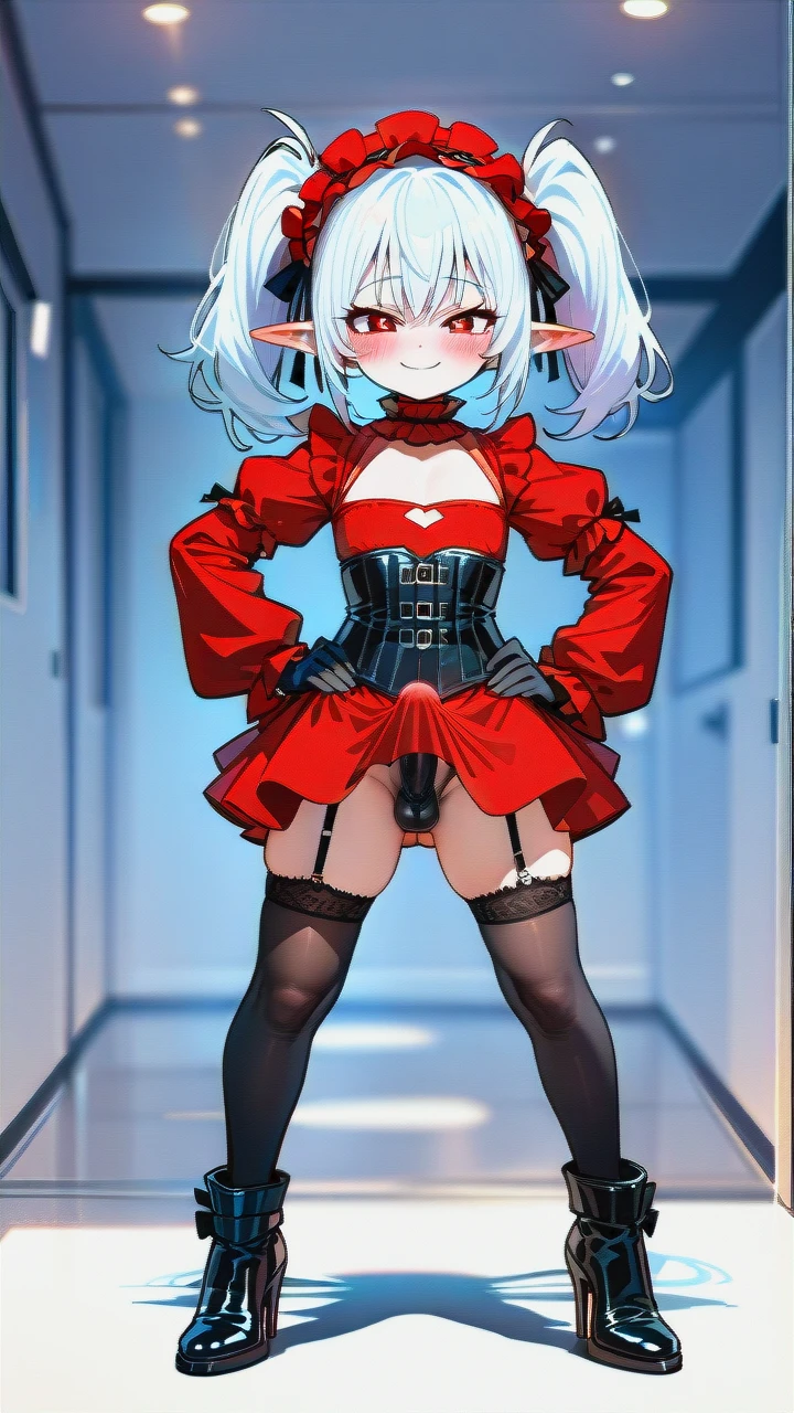 High_quality, (otoko_no_ko), (flat_chest), (frilled_thighhighs), garter_straps, pointy_ears, red_eyes, white_hair, red_dress, black_dress, elbow_gloves, frilled_headband, puffed_sleeves, frilled_choker, (cleavage_cutout),  (long_twin_ponytails), (ankle_boots_with_heels), slim_legs, corset, (legs_apart), (smile), (blush), (hands_on_hips), (erection_under_skirt), penis_bulge,