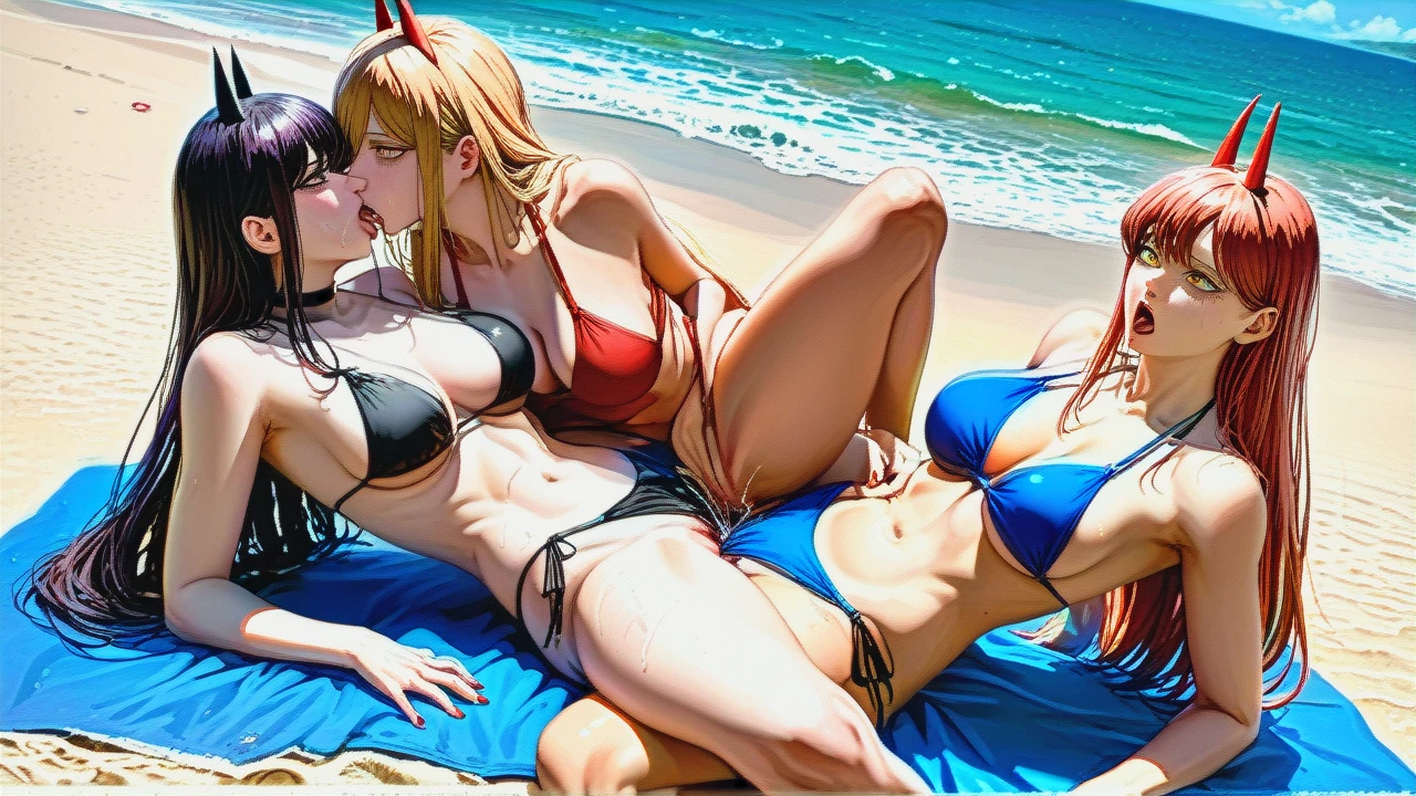 3girls, (tribadism), @komi_shouko , @power, @makima, , (kissing_neck) , (female_masturbation) (ahegao), beach, (group_sex) (facial), everything nacked, full nacked, without clothes