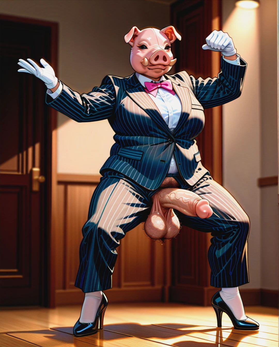 (futanari) (fat), pig mask, black striped suit, pink bowtie, white shirt, white gloves, black striped long wide trousers, black high heel pumps, white stockings, penis out, veiny penis, wrinkled balls, hairy balls, hairy pubis, dancing, home room, precum