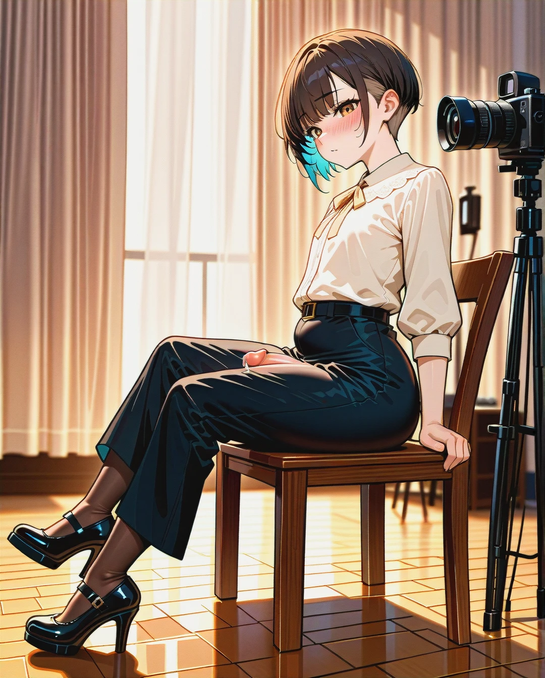 (futanari) (plump) (reverse_trap), brunette undercut haircut, blush, beige neckline blouse, black belted ironed long wide trousers, black Mary Janes high heel pumps, brown stockings, sitting on a chair, stage, wooden floor, light blue curtains, precum, flat chest, camera in the background