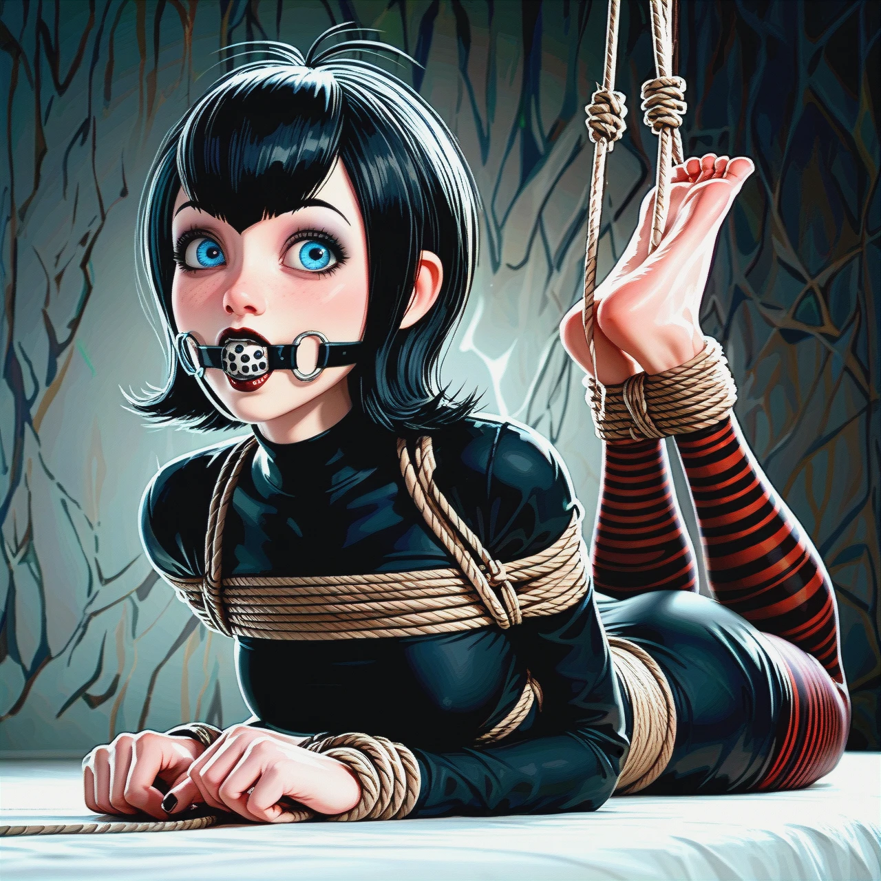 4K, 8K, Masterpiece, , , , 1girl, solo, @mavis_dracula, long black dress, long sleeves, no shoes, (skinny), , , , rope (bondage), hogtied, huge gag, (arms_behind_back), (on_stomach), (facing_viewer), ((face view))