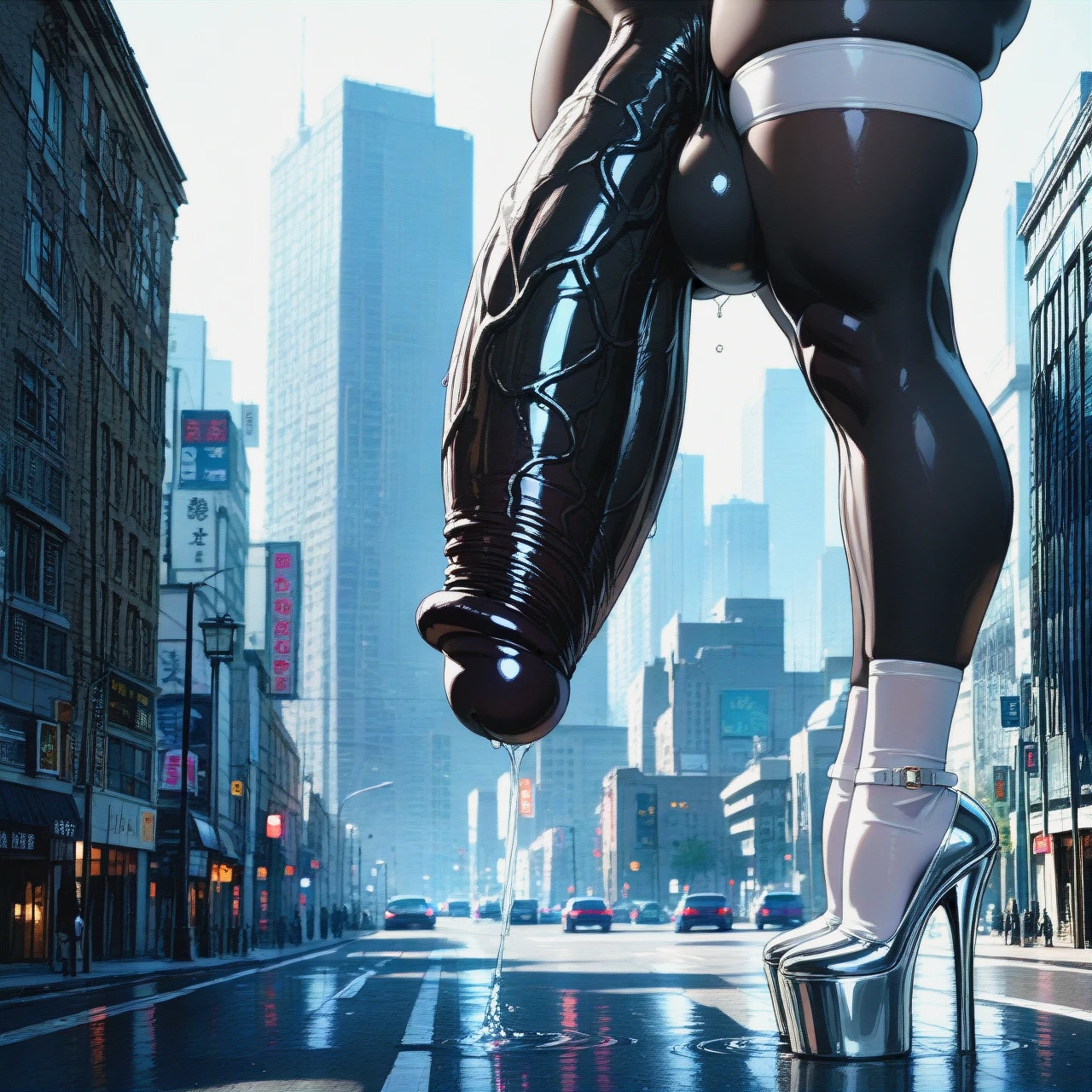 Female elf , (giant) , platform white heels , white high socks, big  cock ,(gigantic_breasts) , (futanari) ,   city, black skin, high hips, full screen