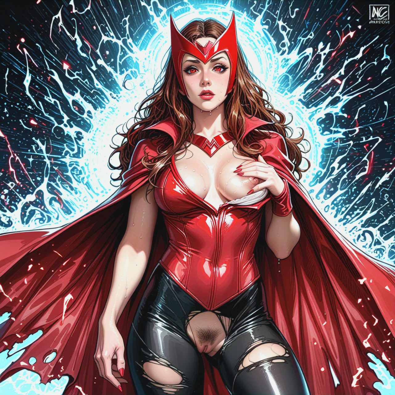 scarlet witch fron Marvel comics, scarlet witch outfit, in a red headpiece, red cape, brunette hair, with red eyes, sweaty, pubic hair, ripped pants showing vagina, one breast out