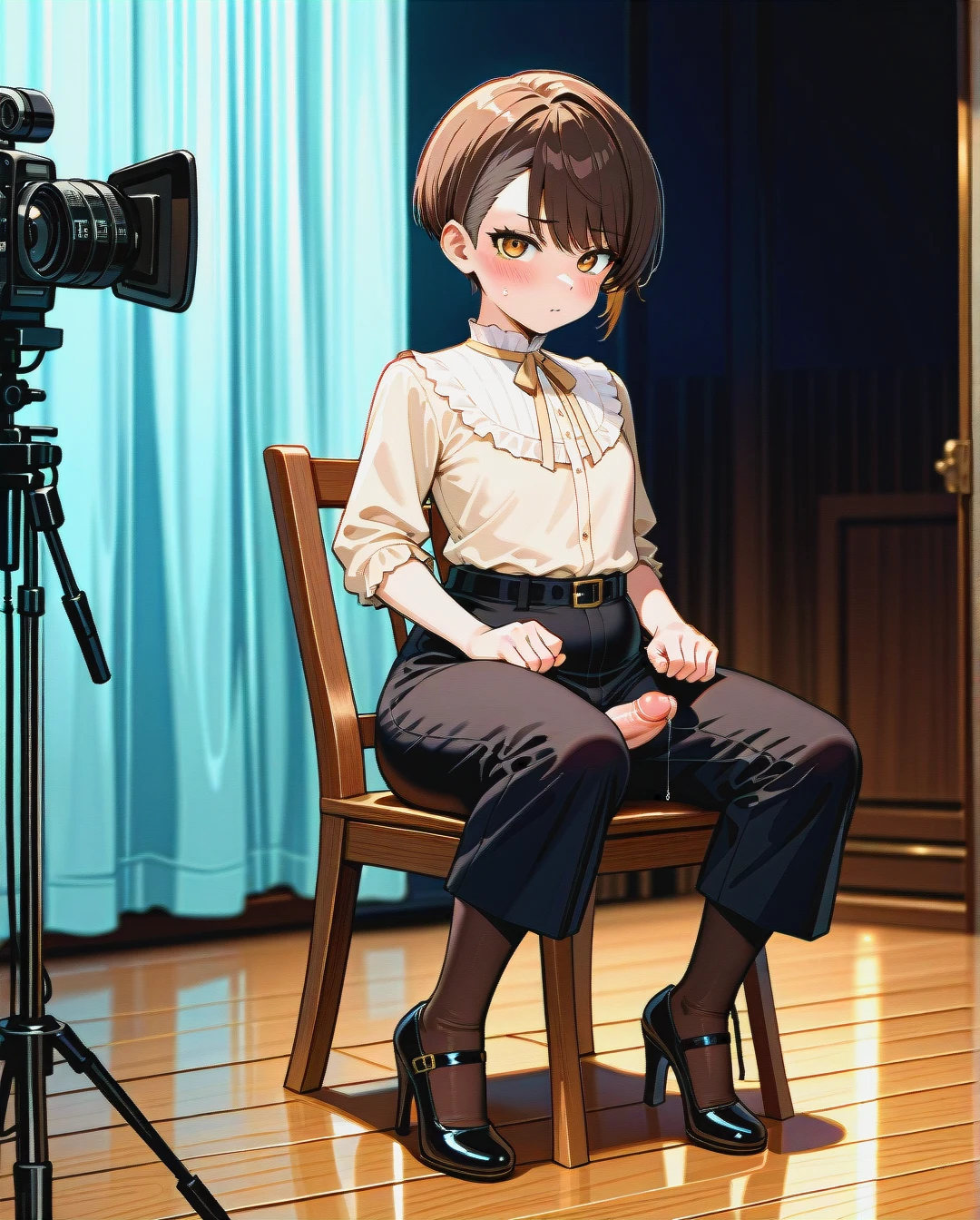 (futanari) (plump) (reverse_trap), brunette undercut haircut, blush, beige neckline blouse, black belted ironed long wide trousers, black Mary Janes high heel pumps, brown stockings, sitting on a chair, stage, wooden floor, light blue curtains, precum, flat chest, camera in the background