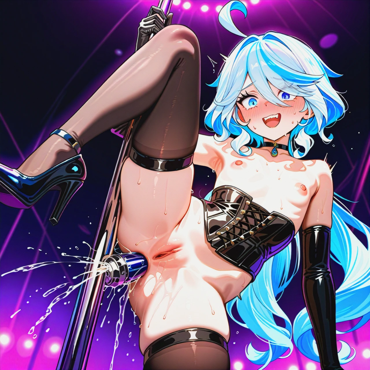 2 girls, @furina, senko from Sewayaki Kitsune no Senko-san , high resolution, extreme detail, sex machine, (anal) , (holding_hands) (flat_chest) (skinny) open breasts, open pussy, in strip club ,long gloves, hight heels , nude, choker, black stockings,Leather corset , a stripper pole ,(leg_up), sweating , , Dancing a striptease  ,(from_below) (smile) (surprised) (teeth) (full_blush), squirt