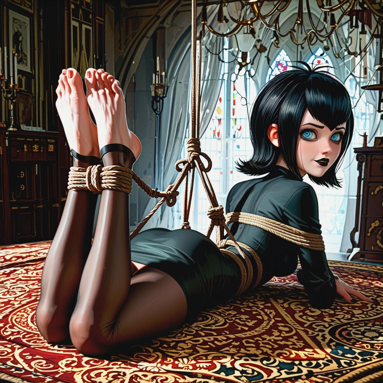 4K, 8K, Masterpiece, , , , 1girl, solo, @mavis_dracula, long black dress, long sleeves, no shoes, (skinny), , , , rope (bondage), hogtied, (arms_behind_back), (on_stomach), (feet)