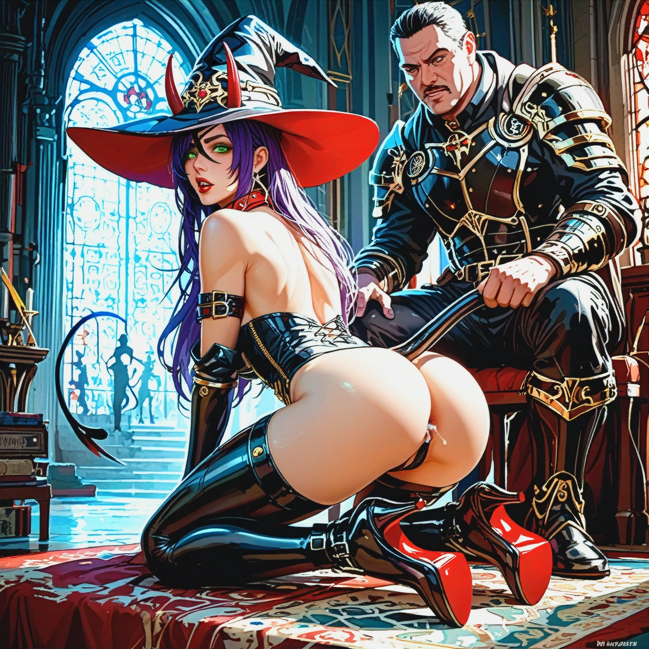 1Girl and 2 men, purple long hair, black right eye patch, green eye, red horns, demon tail, a meager amount of metal armor, black leather leggings, boots on heels, witch hat, lots of bare skin, bare back, sexy fit ass, on knees, with dog collar, fucked by 2black men, ass fuck, mouth fuck, (anal)