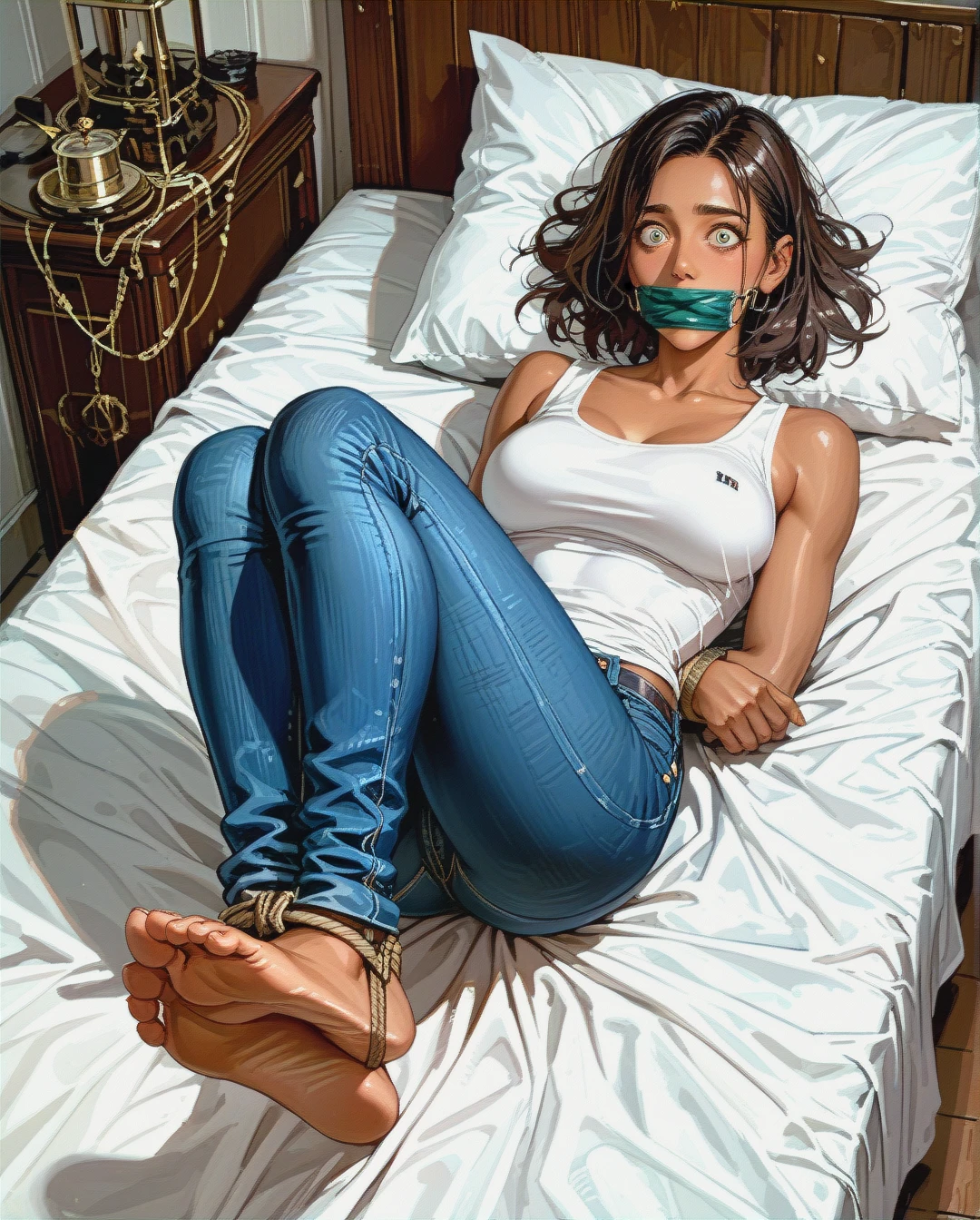 1girl, solo, , , , dark brown skin, tank top, jeans, barefoot, (raised_eyebrows), (wide-eyed), , , , tight (bondage), (lying) on bed, cleave gag, (legs_up), soles tease, (arms_behind_back), , , , (from_above)