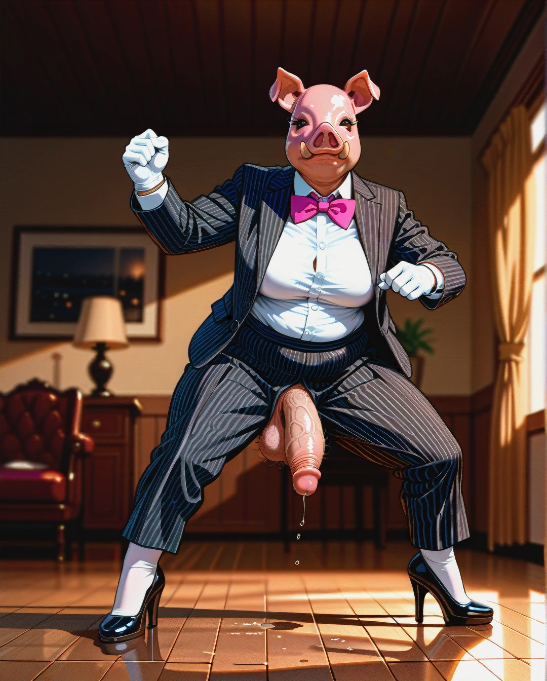 (futanari) (fat), pig mask, black striped suit, pink bowtie, white shirt, white gloves, black striped long wide trousers, black high heel pumps, white stockings, penis out, veiny penis, wrinkled balls, hairy balls, hairy pubis, dancing, home room, precum