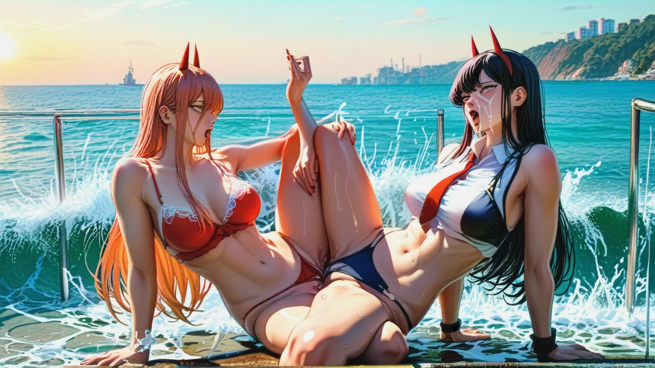 3girls, (tribadism), @komi_shouko , @power, @makima, , (kissing_neck) , (female_masturbation) (ahegao), sea, (group_sex) (facial), everything nacked, full nacked, without clothes