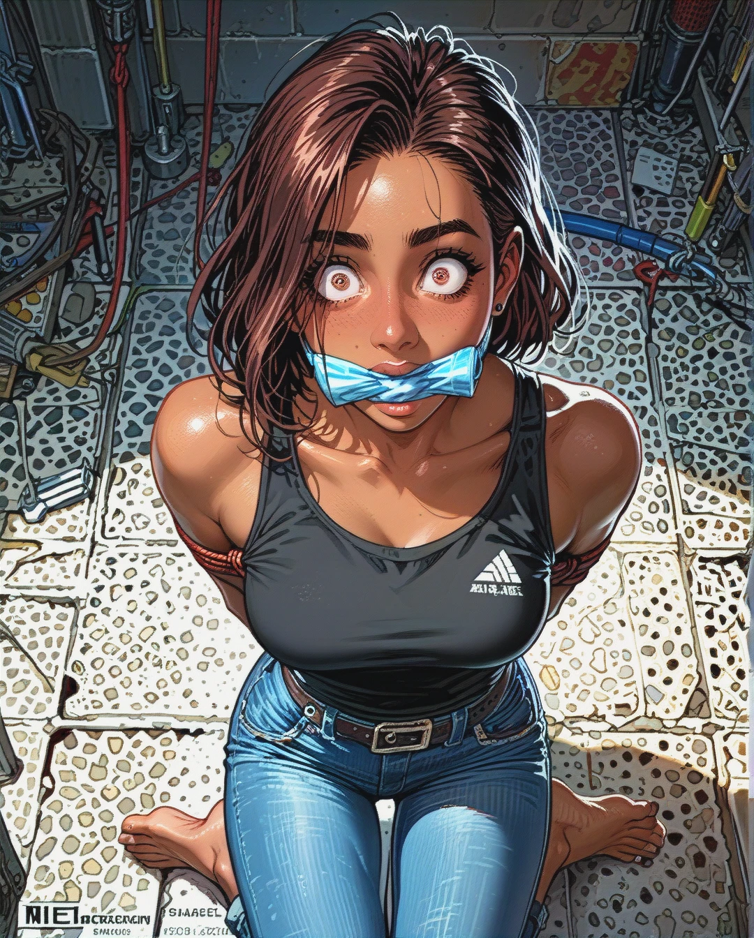 1girl, solo, , , , dark brown skin, tank top, jeans, barefoot, (raised_eyebrows), (wide-eyed), , , , tight (bondage), cleave gag, (legs_up), (arms_behind_back), , , , (from_above), on couch