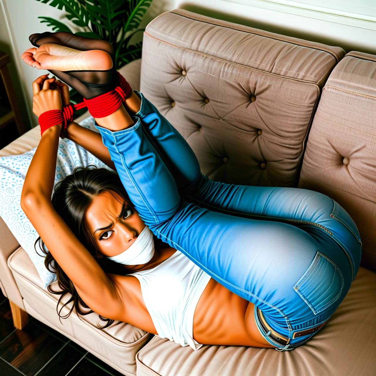 1girl, solo, dark brown skin, , , , tank top, jeans, (annoyed), no shoes, single sock only, (skinny), , , , tight (bondage), wrapped mouth, (legs_up), (arms_up), (crossed_ankles), toes spread, (from_above), on couch