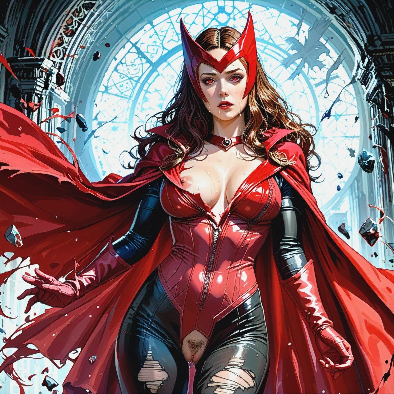 scarlet witch fron Marvel comics, scarlet witch outfit, in a red headpiece, red cape, brunette hair, with red eyes, sweaty, pubic hair, ripped pants showing vagina, one breast out