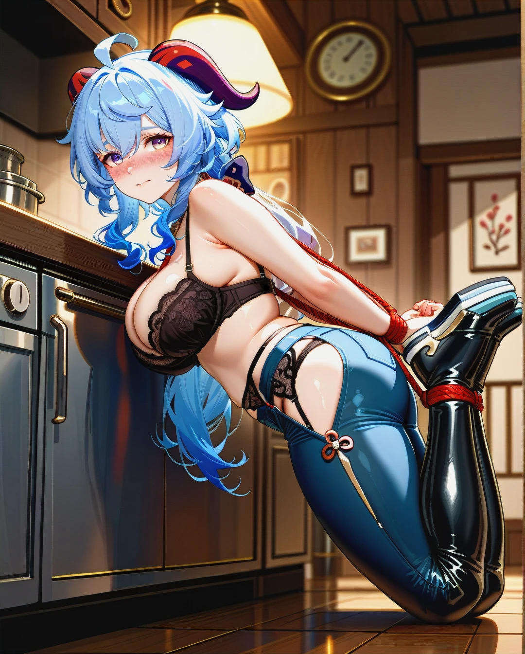 2girl, , , , nose blush,foot,big breasts,large breast,bare shoulders, china dress,gold stockings,garter belt,undersized bra,black sneakers, tight jeans,thighhighs,hogtied,black bra,thigh boots, kitchen, sunny in forest, cyberpunk, @ganyu @shenhe