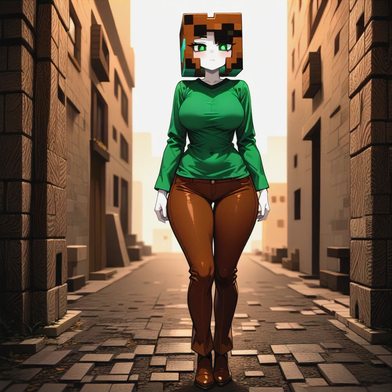 1girl,@alex_(minecraft),minecraft,slim fit,pale skin,curvy,voluptuous,full body,green top shirt,brown pants,