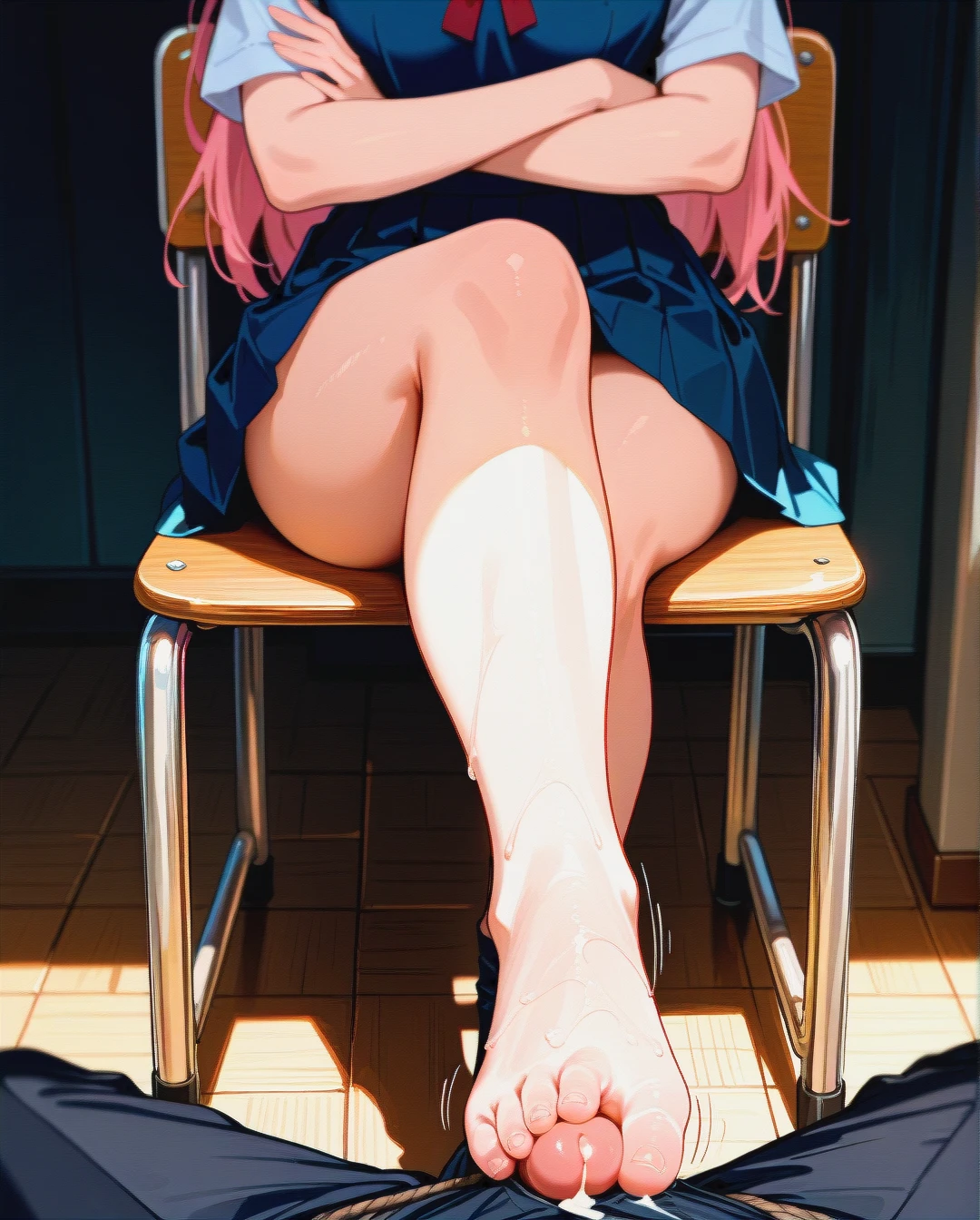 (footjob), disgusted, pink hair, schoolgirl, defeated male, cumming, 1boy1girl, long hair, chair, crossed legs, pov, crossed arms, tied up male