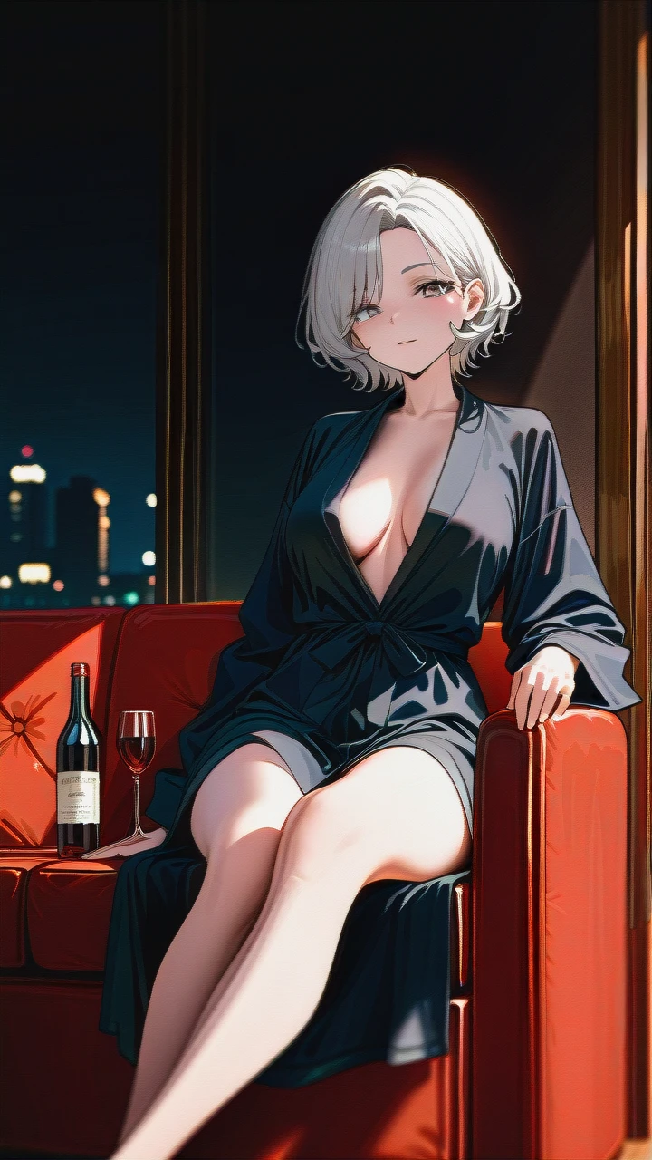 30 years old sexy woman, black mid size hair, slim waist, long legs, grey eyes, black unbuttoned bathrobe, living room, night, dark lighting, sit on sofa, drink wine, ultra hd, 4k, ultra detailed