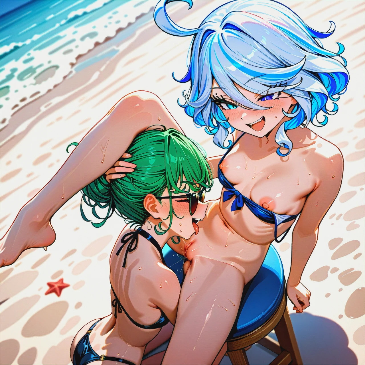 Tatsumaki and furina , high resolution, extreme detail, (happy) ,strap-on   (skinny) ,(nipple_slip), , swimsuit,on beach , bikkini,head grab , (from_above), (cunnilingus), (leg_up), open pussy,  (laughing) ,, sweating ,  oral, sitting on stool, 2 girls, (bisexual_female),  ,  cooperative,(dutch_angle)   (smile) sunglasses,  (full_body), (full_blush)