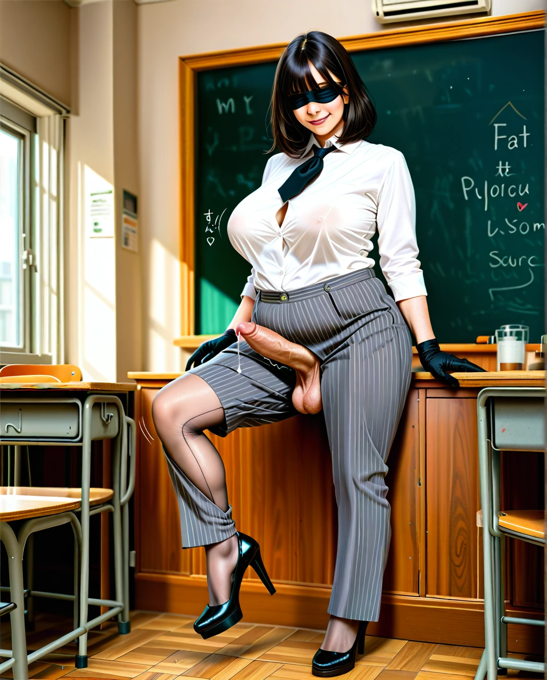 (futanari) (fat) (mature_female), black blindfold, smile, black medium hair, bangs, fat eyebrows, gray striped buttoned-up suit, white shirt, black gloves, black tie, gray striped long wide trousers, black high heel pumps, brown wrinkled stockings, penis out, brown penis, hairy balls, hairy pubis, (standing_on_one_leg), classroom, bouncing penis, precum