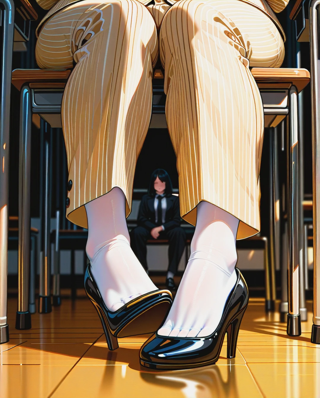 (futanari) (fat) (mature_female), (foot_worship), black medium hair, yellow striped buttoned-up suit, black tie, white shirt, yellow striped floor-length trousers, white stockings, black high heel pumps, classroom, sitting on a desk