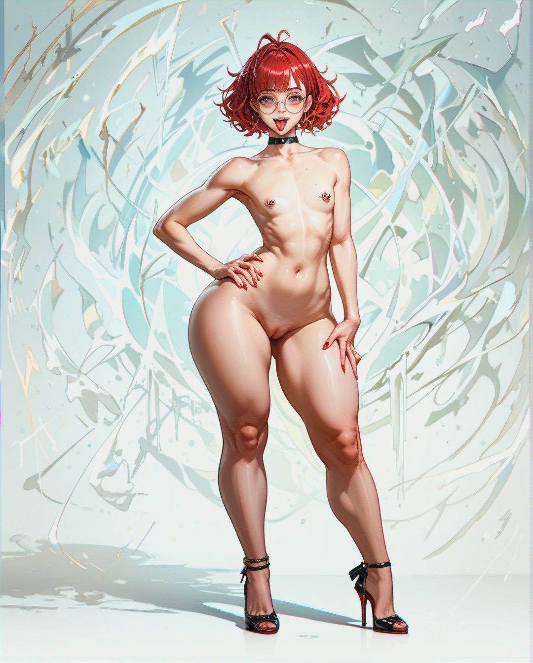 crimson hair, frekles, flat chest, nipple piercings, tongue out, wide hips, big ass, thin waist, petite, thick thighs, full body, grabbing ass. round glasses, crimson red hair. pinching nipple. bright red hair. Straight hair.  Nude. Stroking body. Solo