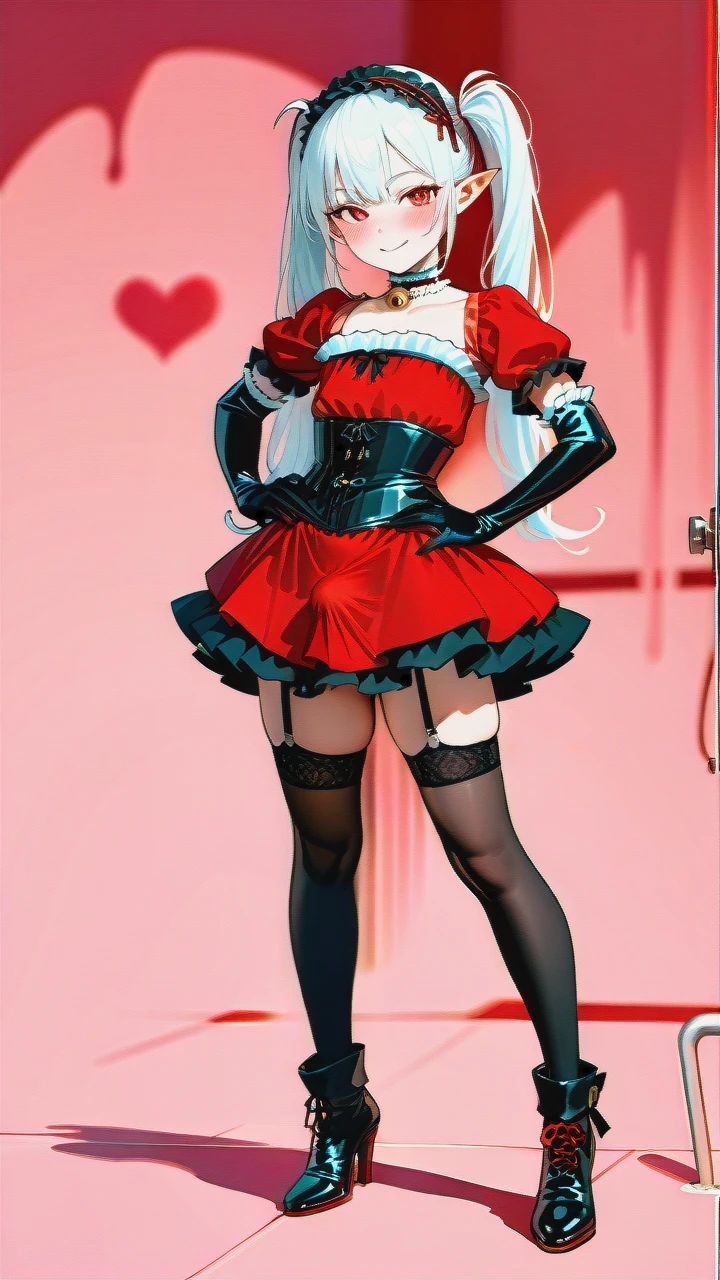 otoko_no_ko), garter_straps, detailed_face, pointy_ears, red_eyes, white_hair, (red_and_black_dress), frilled_thighhighs, ankle_boots, highheels, penis_bulge, (frilled_elbow_gloves), (cropped_shoulders), frilled_headband, neck_bell, (cinderella_bust), frilled_choker, long_hair, twin_ponytails, slim_legs, corset, (legs_apart), (smile), (blush), (hands_on_hips),