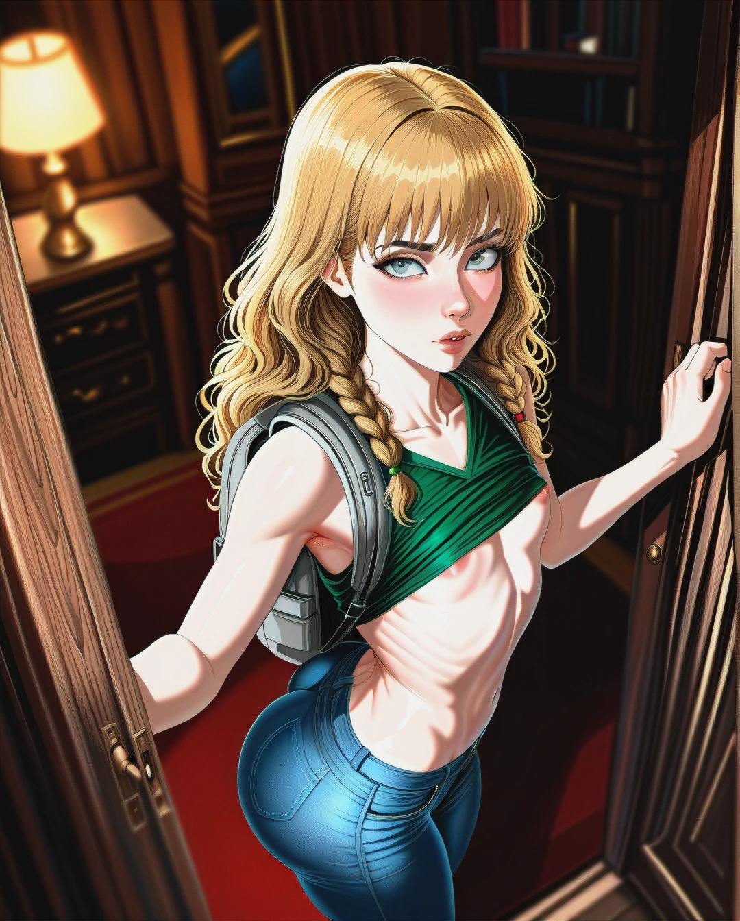 Shadman Pinup Style, @hermione_granger, (full_body), (flat_chest), bedroom,  (looking_up), (skinny), (from_above)  Front view, (light_areolae), (areola_slip), green croptop shirt, and blue jeans, (full_body) (standing), (blonde hair), ((bubble butt)), (grey backpack)