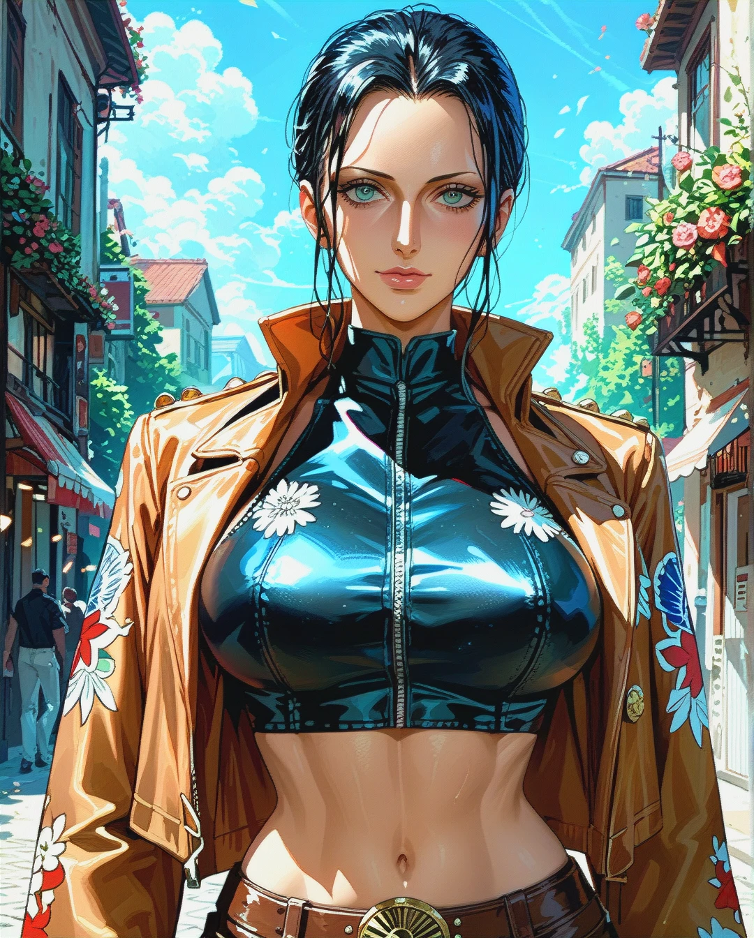 Nico Robin, mature, jacket  attack on titan sexy,crop top floral pink