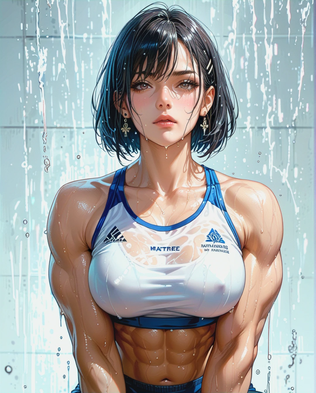 Wet and sweaty muscular gym girl in a crop top placing her hands on her knees and tightly compressing her biceps against her crop top. Her arms tightly squeeze her soft tits inwards, bending them together.