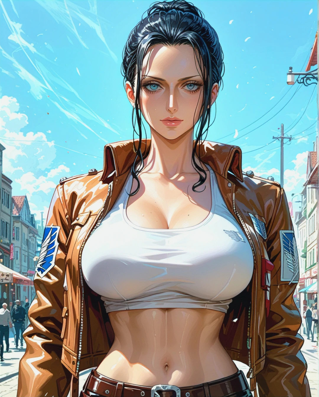 Nico Robin, mature, pulled back hairstyle,   jacket attack on titan show her singled crop top floral