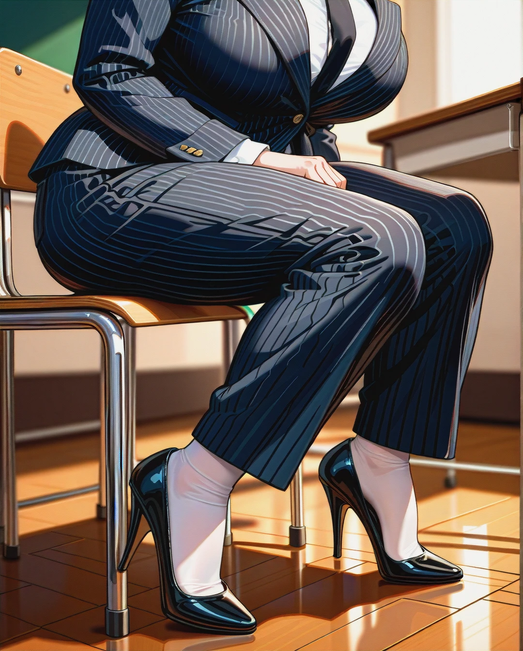 (futanari) (fat) (mature_female), (high heel worshipping a face) , black medium hair, yellow striped buttoned-up suit, black tie, white shirt, yellow striped floor-length trousers, white stockings, black high heel pumps, classroom, sitting on a desk