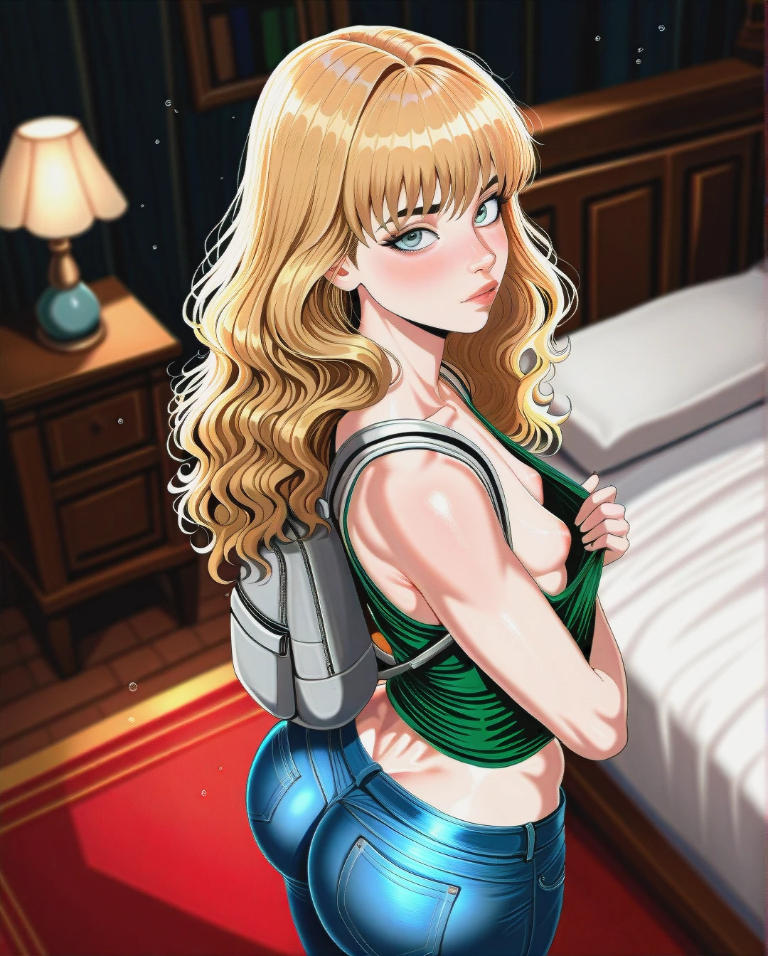 Shadman Pinup Style, @hermione_granger, (full_body), (flat_chest), bedroom,  (looking_up), (skinny), (from_above)  Front view, (light_areolae), (areola_slip), green croptop shirt, and blue jeans, (full_body) (standing), (blonde hair), ((bubble butt)), (grey backpack)