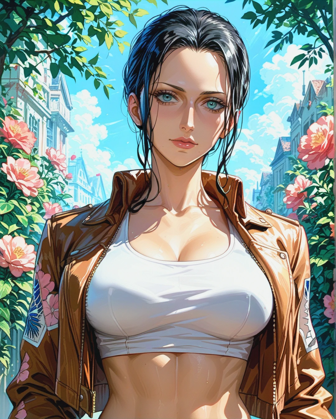 Nico Robin, mature, pulled back hairstyle, jacket  attack on titan ,crop top pink floral