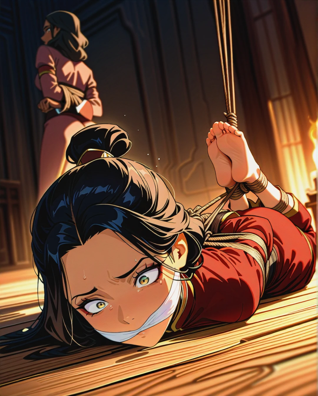 2girls, @azula, @katara, full clothes, barefoot, (panicking), (on_stomach), rope (bondage), (arms_behind_back), wrap gag, (full_body), (dutch_angle)