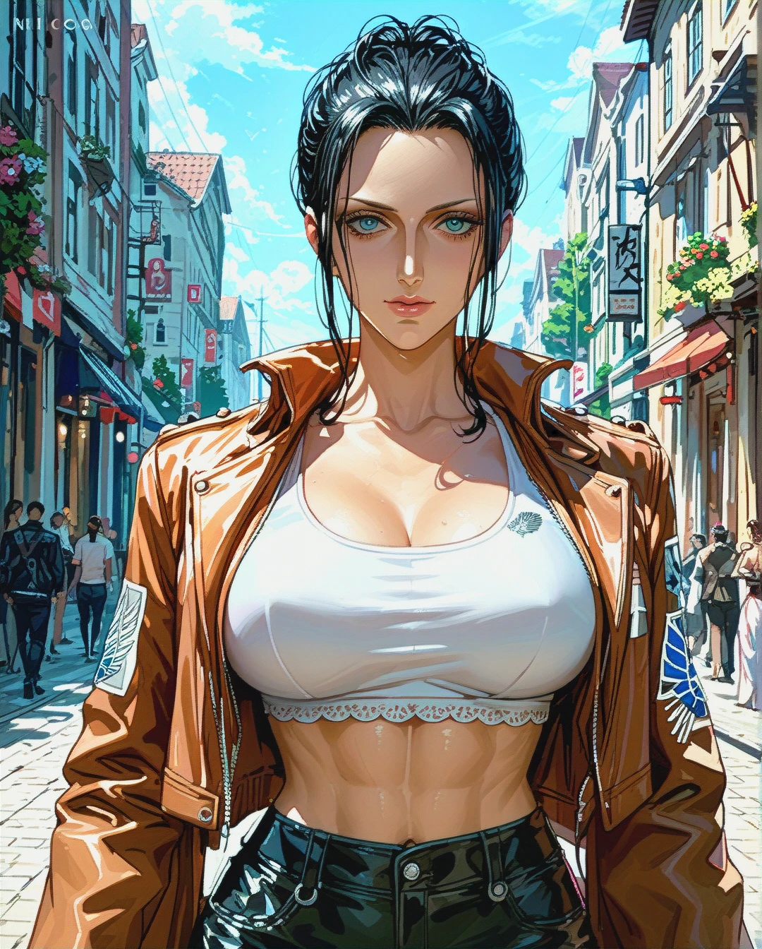 Nico Robin, mature, pulled back hairstyle, jacket  attack on titan ,crop top floral pink