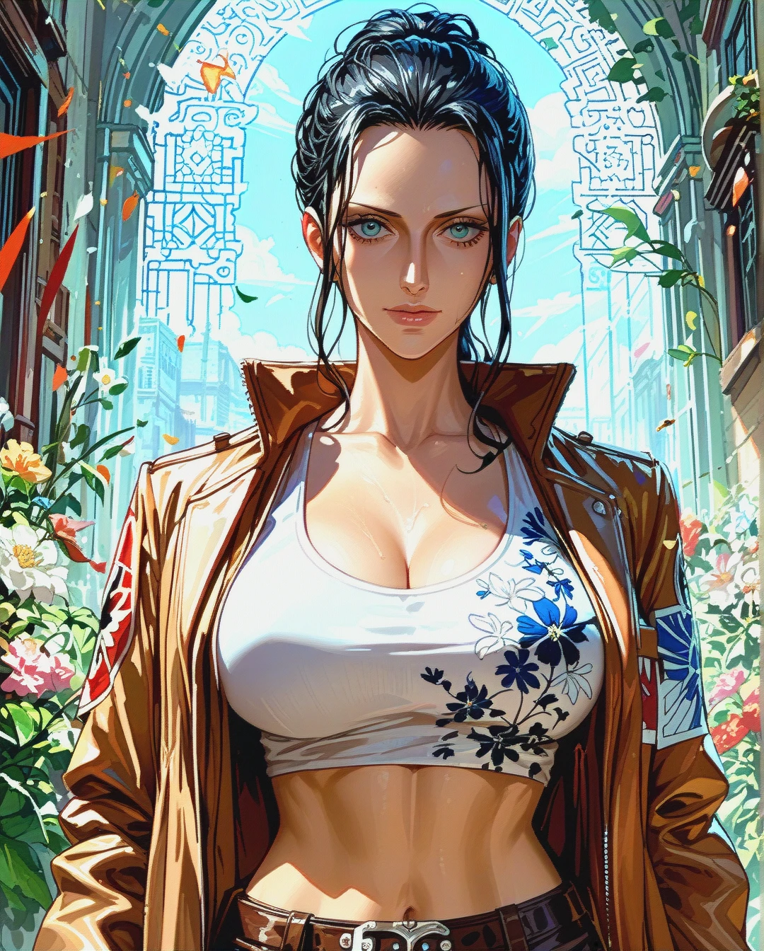 Nico Robin, mature, pulled back hairstyle,   jacket attack on titan show her singled crop top floral