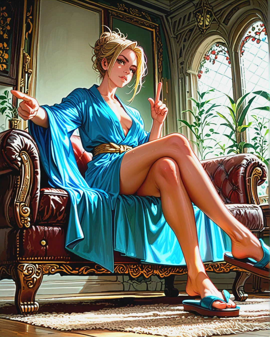 1girl, solo, blonde, hair bun, robe, slippers, (skinny), (raised_eyebrow), (sitting) on couch, (crossed_legs), shoe dangle, (pointing_down), (looking_at_viewer), (from_below), (full_body)