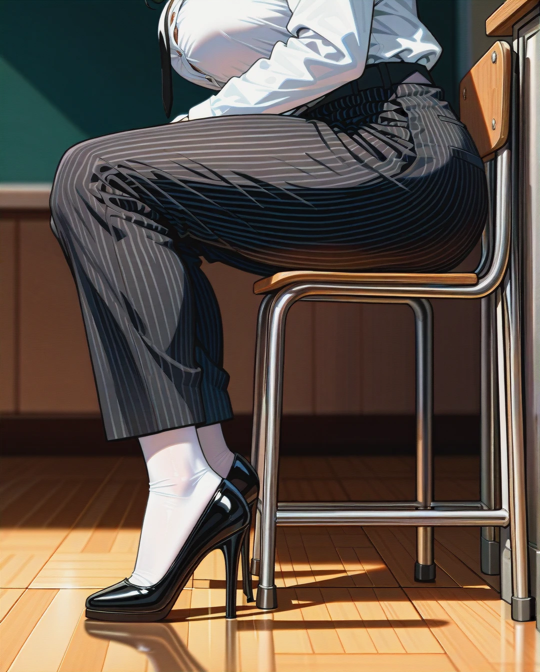 (futanari) (fat) (mature_female), (high heel worshipping a face) , black medium hair, yellow striped buttoned-up suit, black tie, white shirt, yellow striped floor-length trousers, white stockings, black high heel pumps, classroom, sitting on a desk